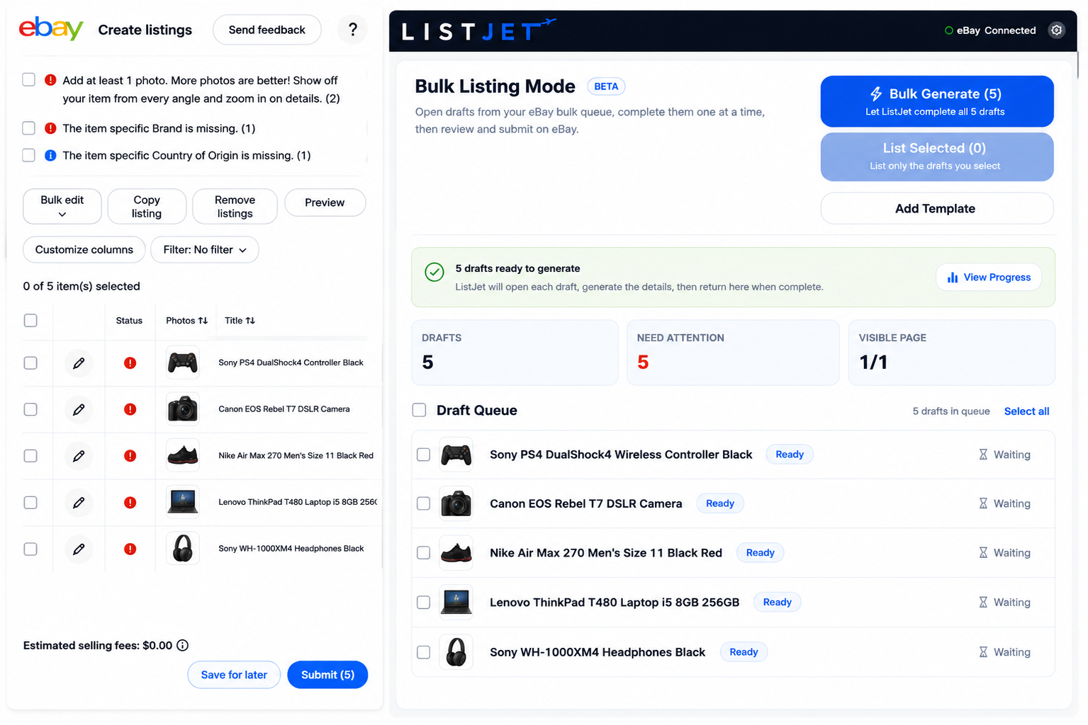 ListJet Bulk Listing Mode filling multiple eBay drafts at once