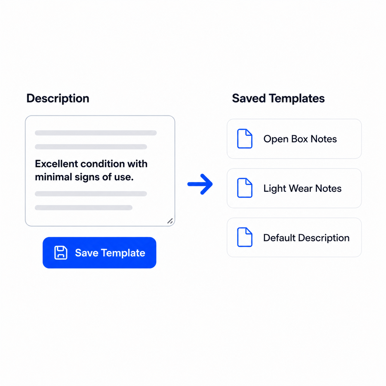 ListJet saved description templates with use buttons