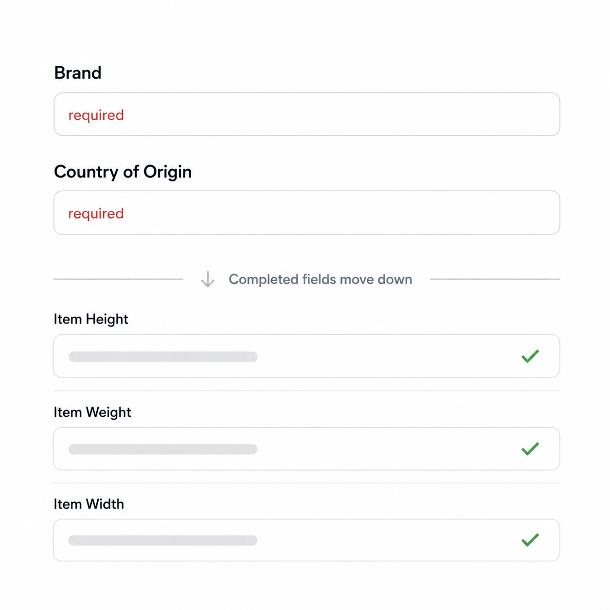ListJet smart specifics showing required fields pinned above completed fields